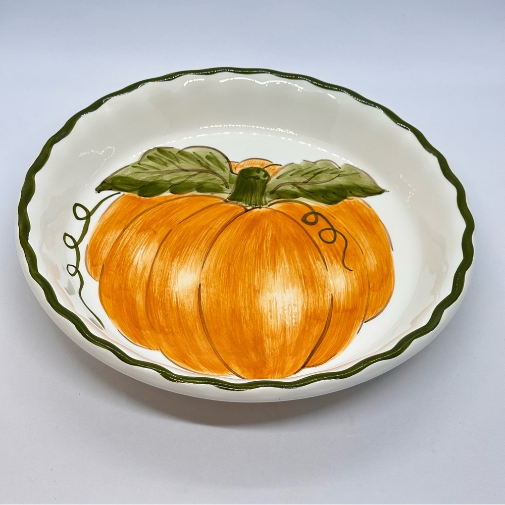 Williams-Sonoma Pumpkin Design Ceramic Pie Dish 9.75" Round White Orange Green - Picture 4 of 8